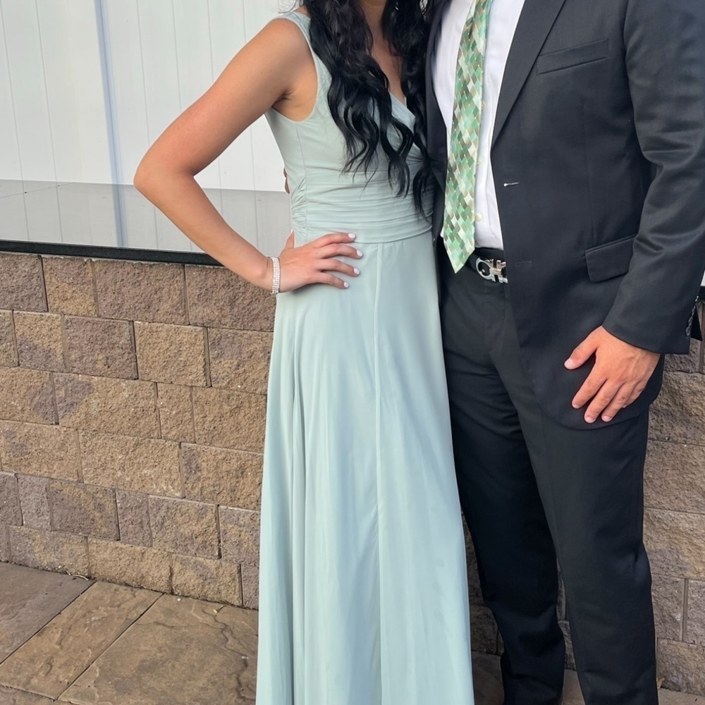 ✨HOST PICK✨David’s Bridal Dusty Sage Long Chiffon Surplice Tank Bridesmaid Dress - Picture 2 of 11
